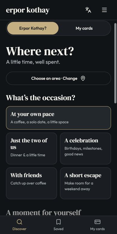 Erpor’s outing screen: time at your own pace, together, a celebration, friends or a short escape.